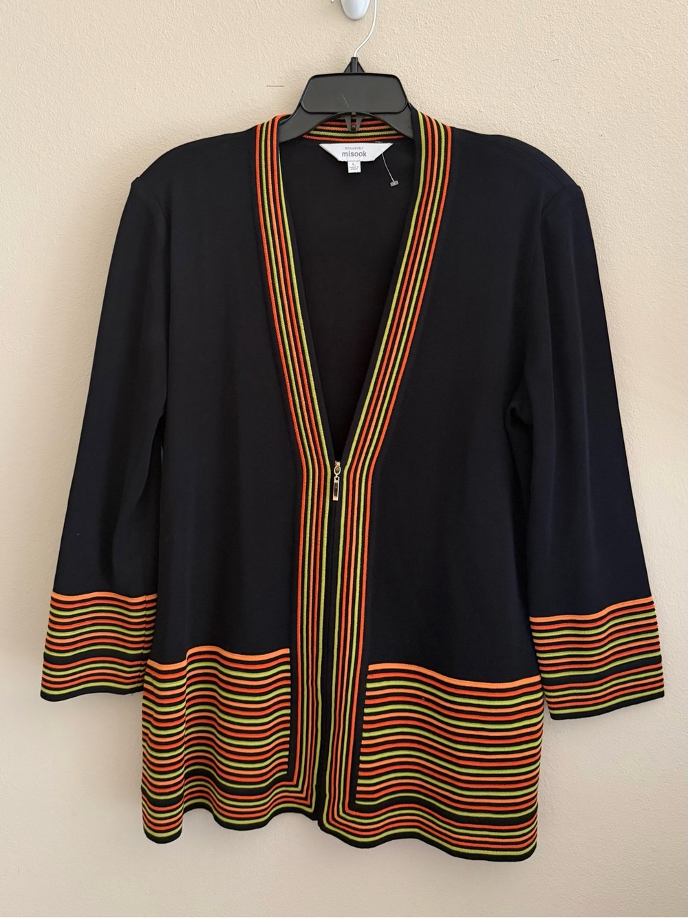 Exclusively Misook Black Striped Multicolored Zip Front Jacket Size Large